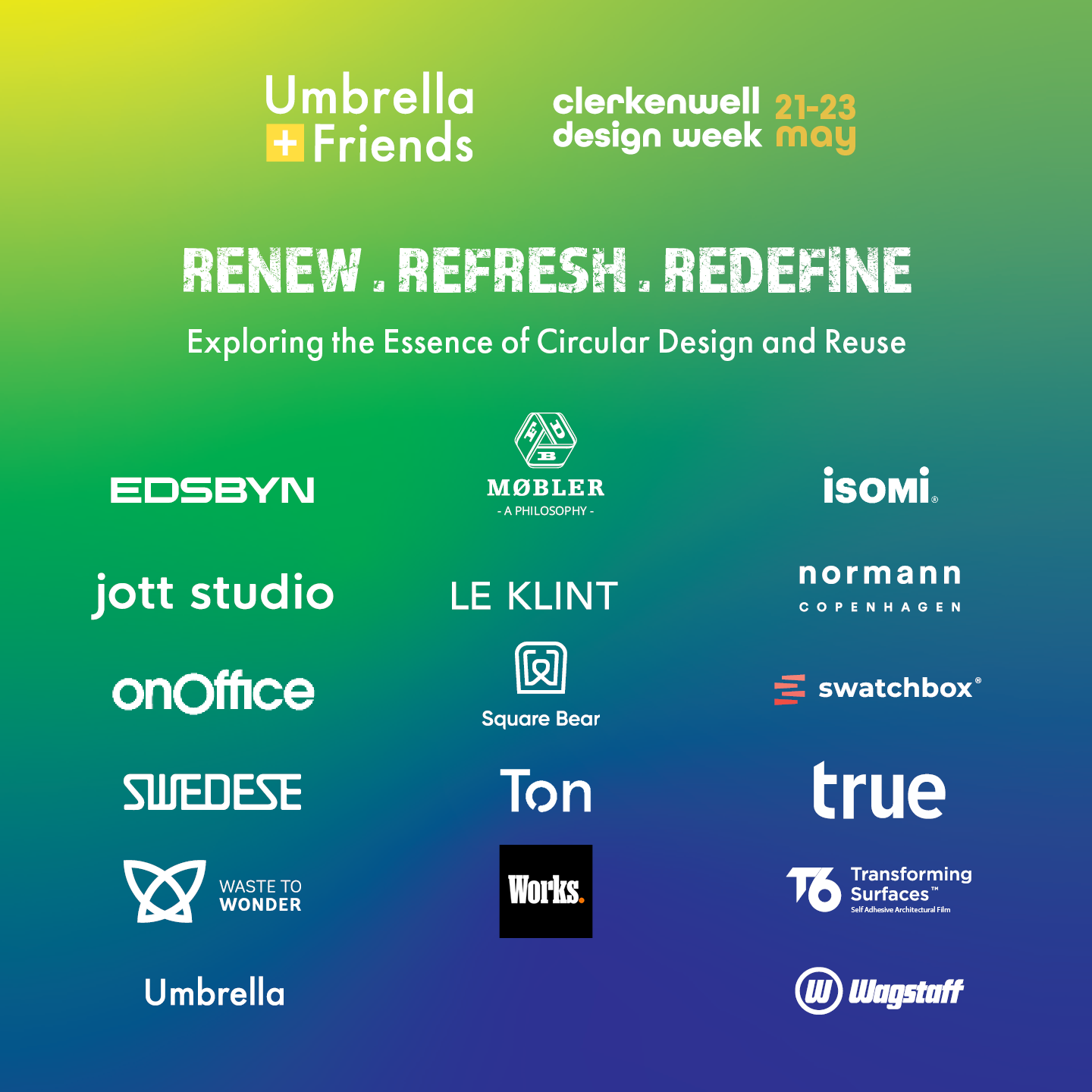 UMBRELLA FURNITURE AND WAGSTAFF ANNOUNCE THE BUSIEST SHOWROOM YET AT CLERKENWELL DESIGN WEEK 2024 WITH THEIR CELEBRATION OF CIRCULAR DESIGN.